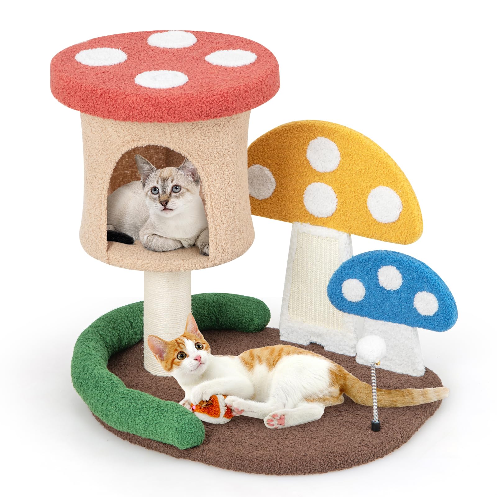 Arbre à chat Tangkula 23,5 pouces en forme de champignon, tour à chat mignonne avec poteau en sisal entièrement enveloppé, griffoir et balle à ressort